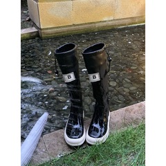 嘉力达~厚底高筒雨靴女时髦精拼色户外防水徒步露营长筒骑士靴子