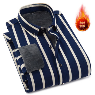 Brand autumn and winter striped warm shirt men's middle-aged long sleeve one-piece velvet padded shirt fashion simple top