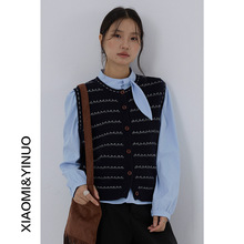 【欧凡】韩系系带领圆领长袖衬衫+条纹圆领马甲 休闲两件套装3278