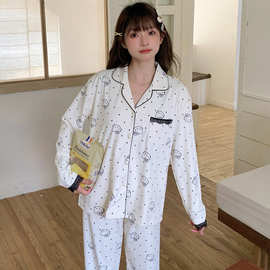 海岛绒双面 秋冬学生甜美开衫家居服花边翻领开衫满印长袖睡衣