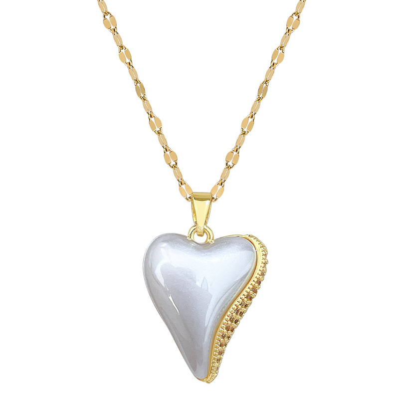 Colar elegante estilo palácio com pérolas em formato de coração irregular e diamantes, em aço titânio, para mulheres. Versátil colar para clavícula._voghion.com