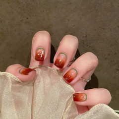 B263 Champagne Green Fruit Wearable Nail Art Nail Polish Finish Champagne Color Green Edge Simple Gradient Short False Nail Nail Art Sticker