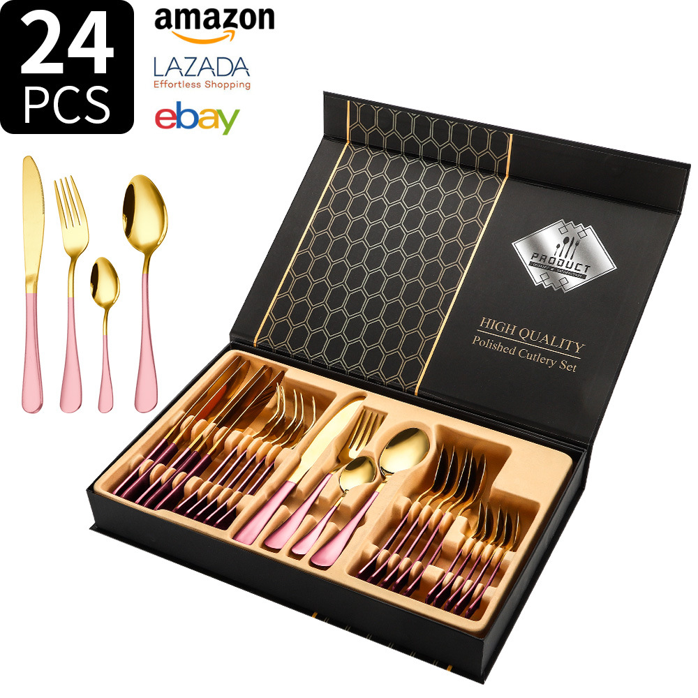 Juego de vajilla de acero inoxidable Transfronterizo Amazon 1010 juego de 24 piezas de vajilla occidental bistec cuchillo tenedor cuchara juego de caja de regalo