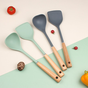 Cross-Border Wooden Handle Silicone Spatula Household Kitchen Cooking Spatula High Temperature Resistant Cooking Spatula Non-Stick Pan Special Two-Piece Set
