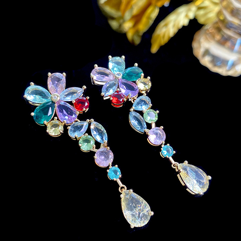 Inlay Design 1 Pair Exaggerated Flower Inlay 925 Sterling Silver Copper Zircon Drop Earrings