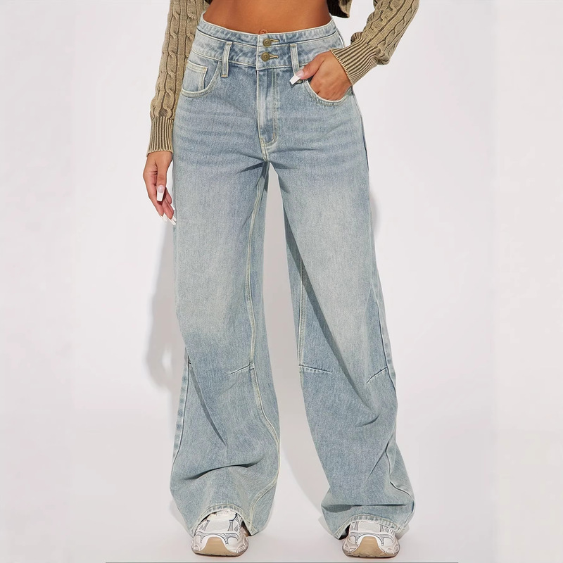 2026 New Cross-Border Foreign Trade Amazon European and American Women's Jeans with Double-Layer Waist Buttoning, Vintage Wide-Leg Jeans