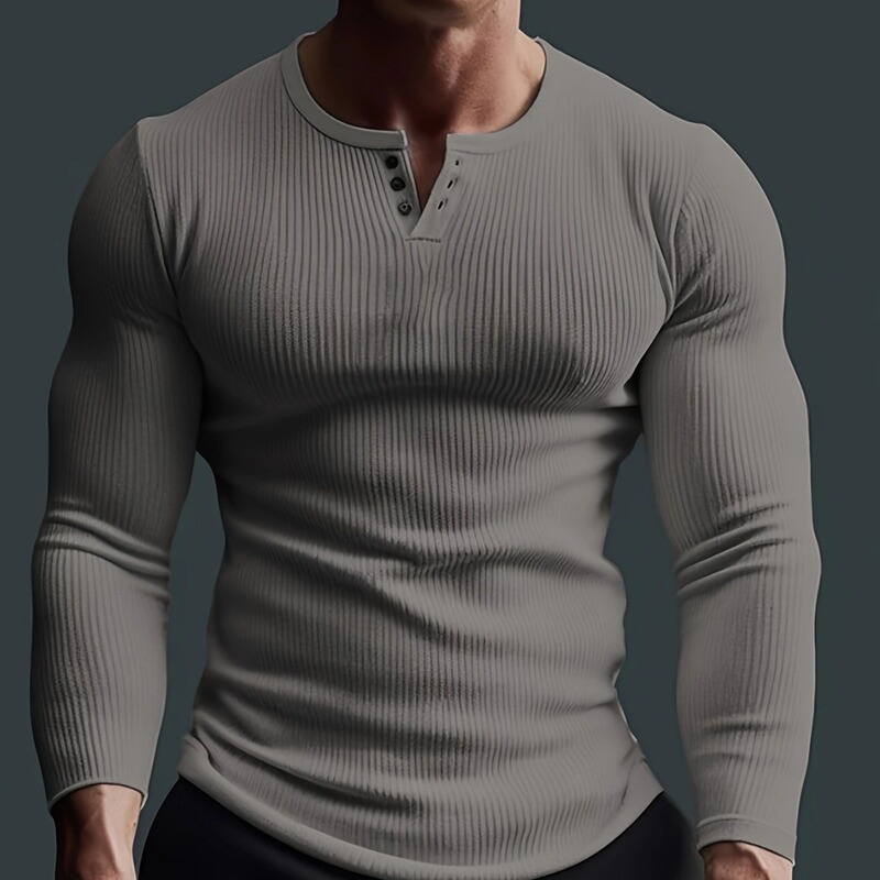 Men's Long-Sleeved Tops, Fitness High-Elastic Base Layer Shirt, Three-Button V-Neck, Ribbed Solid Color Casual T-Shirt, Quick-Drying