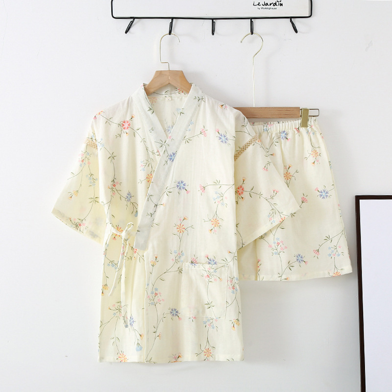 2022 New Summer Women's Gauze Pajamas Cardigan V-Neck Short Sleeve Shorts Sweet Home Kimono Home Clothes