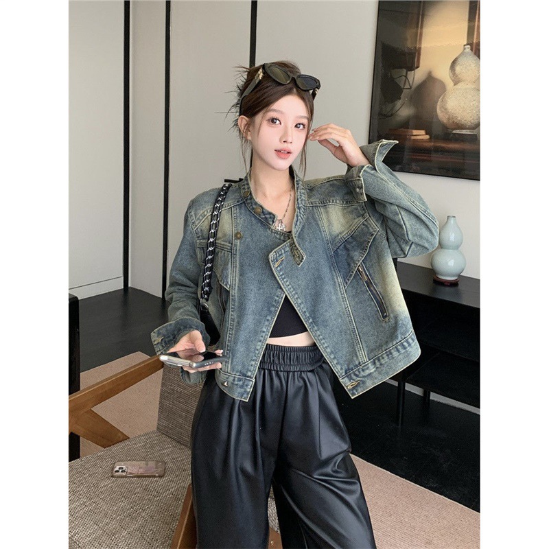 Kurtka motocyklowa dla chłopca ze stójką i dżinsowym kołnierzem, jesień 2025, nowa, unikatowa, zapinana na zamek, luźna, krótka bluzka w stylu retro_voghion.com