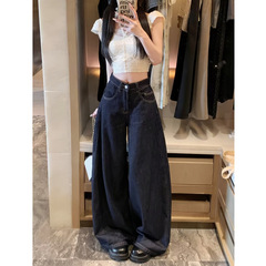 香港風レトロな青いゆったりとしたワイドパンツのジーパンの女性の夏のハイウエストはやせています。