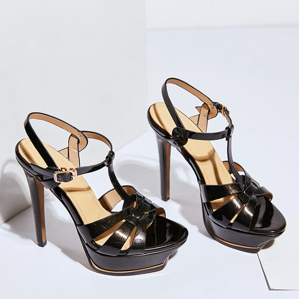 Sandal cao gót nữ hở mũi quai khóa da thật gót 11cm — Màu đen cao gót 11cm