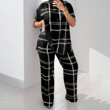 跨境2025春季新款欧美女装气质休闲大码条纹潮流两件套时尚套装