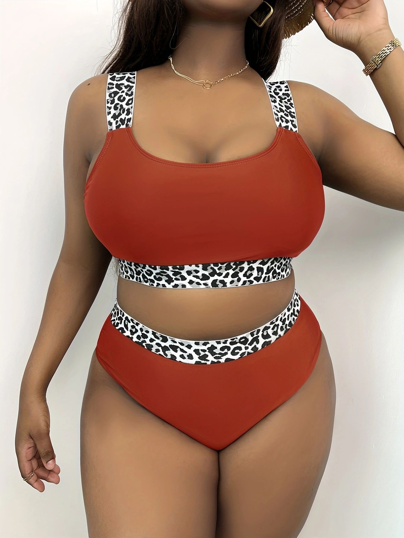 New European American Style Plus-Size Tank Top Bikini With Solid Color And Leopard Print, High-Waisted, Popular On_ecoleips.com