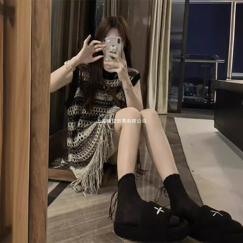 Niche Retro Design Sleeveless Knitted Vest Dress New Summer Striped Mid-Length Tassel Dress for Women
