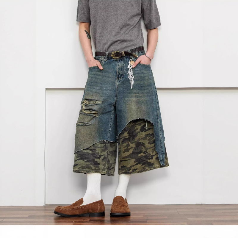 American Camouflage Splicing Fake Two-Piece Denim Shorts for Women and Men Summer High Street Retro Distressed Loose Wide-Leg Cropped Pants