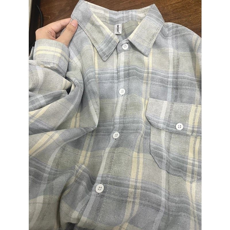 Unique Color-Blocked Retro Plaid Long-Sleeve Shirt for Women, Spring/Summer Korean Style, Petite Loose Casual Lazy Shirt Unique Color-Blocked Retro Plaid Long-Sleeve Shirt for Women, Spring/Summer Korean Style, Petite Loose Casual Lazy Shirt