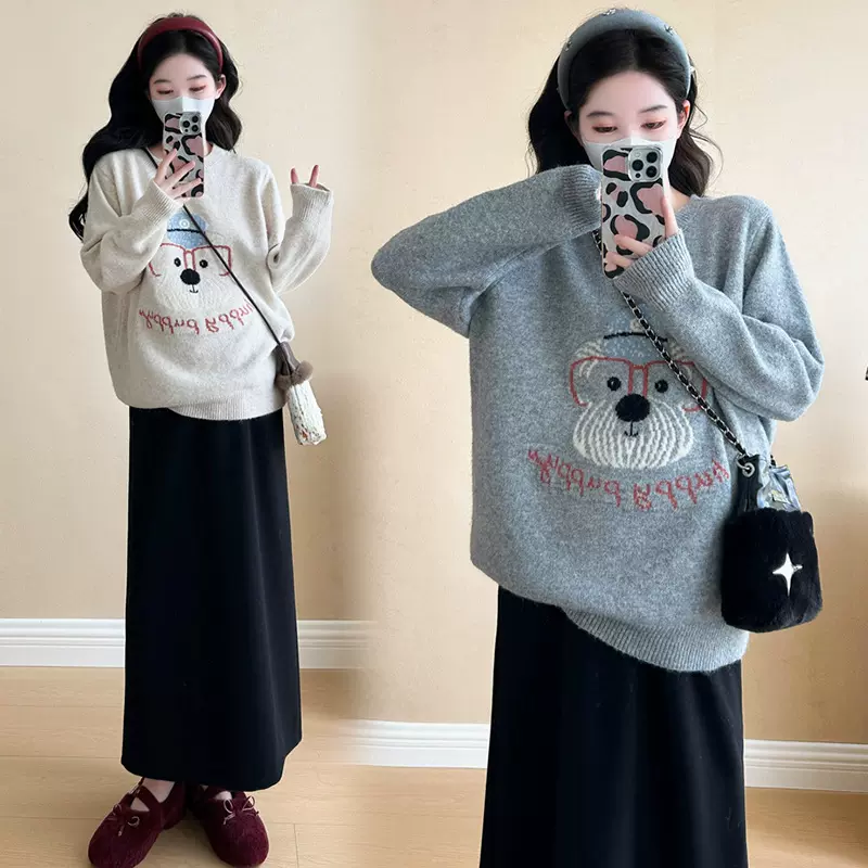 孕妇套装2024秋冬新款时尚韩版宽松大码减龄加厚毛衣+托腹半身裙