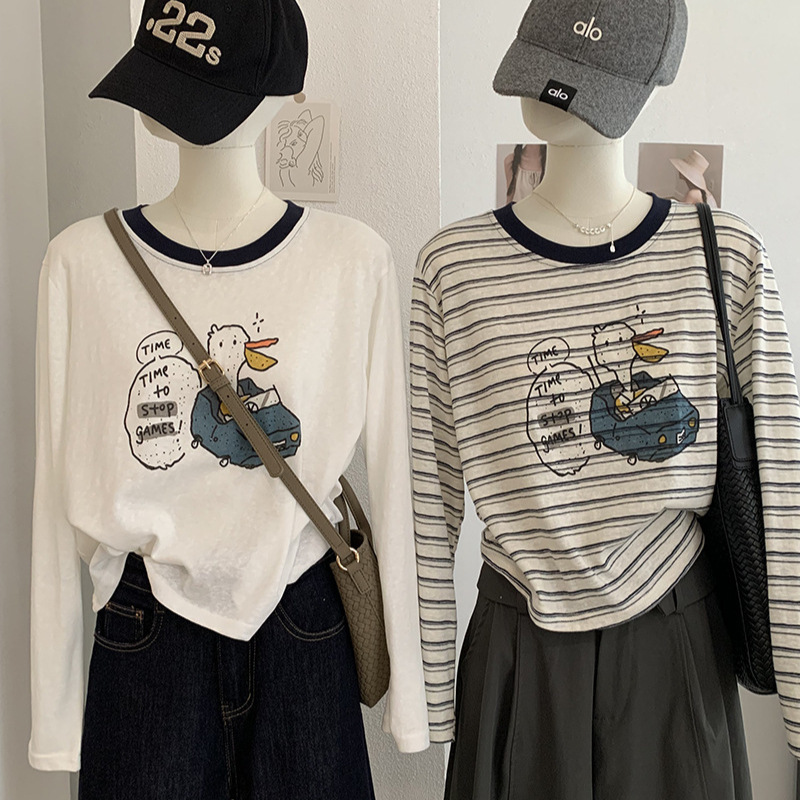 KEKEZOON Color-Block Round Neck Cartoon Print Loose Long Sleeve T-Shirt for Women, Korean Casual Simple Style Top 8575 KEKEZOON Color-Block Round Neck Cartoon Print Loose Long Sleeve T-Shirt for Women, Korean Casual Simple Style Top 8575