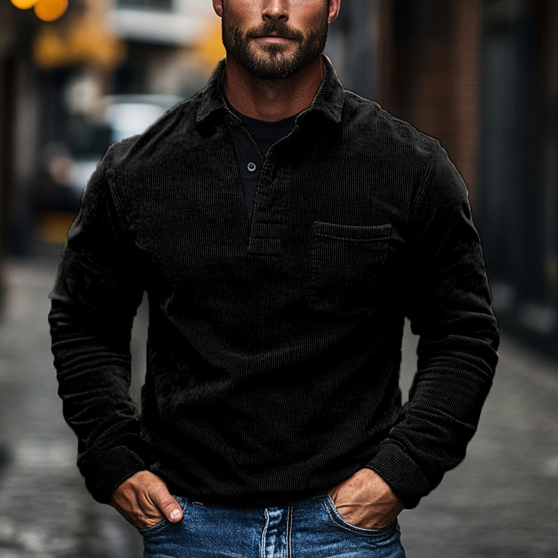 Los músculos locos otoño y invierno nuevos hombres retro bolsillo de botón de terciopelo de color sólido casual de manga larga polo para hombres