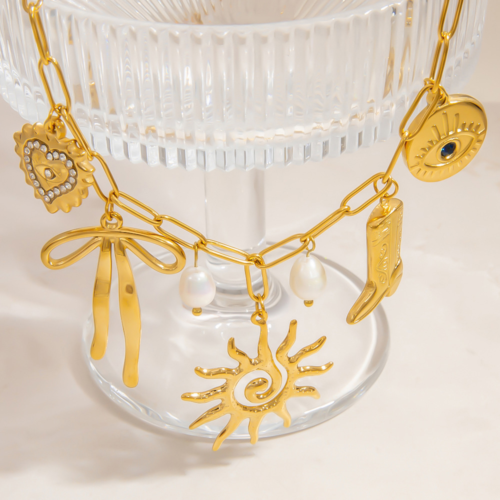 18K Gold Plating Color Paperclip Chain Chain Type PVD Coated Real Gold Plated 18K Gold Sun Heart Shape Bow Knot 304 Stainless Steel Elegant Streetwear Waterproof Non Tarnish 304 Stainless Steel Multi Charms Necklace