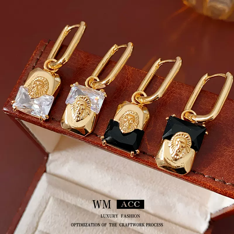 中古vintage银针耳扣 真金电镀锆石狮子头耳环小众轻奢高级感耳饰