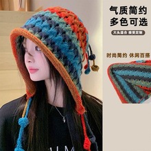 日系时尚百搭护耳毛线帽女彩色球球流苏手工针织帽秋冬保暖包头帽