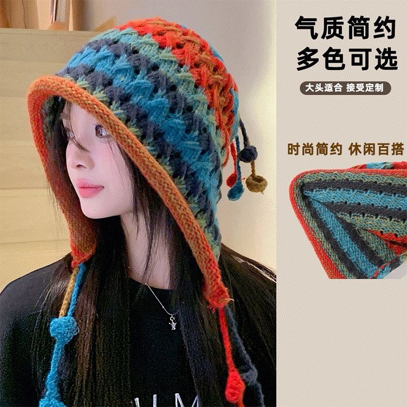 日系时尚百搭护耳毛线帽女彩色球球流苏手工针织帽秋冬保暖包头帽|undefined