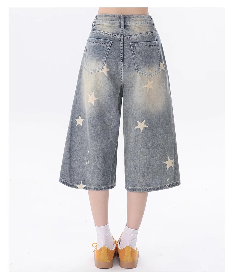 Quần short denim nữ phong cách Mỹ cổ điển, dáng rộng in hình ngôi sao — Màu xanh nhạt ([mẫu cao cấp, mềm mại và thoải mái hơn]) chi tiết 3