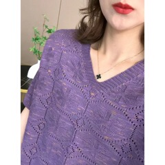 【半袖Vネック～カラフルな綿糸】2025年夏新作レディース韓国風ゆったりVネックプルオーバーセーターショート