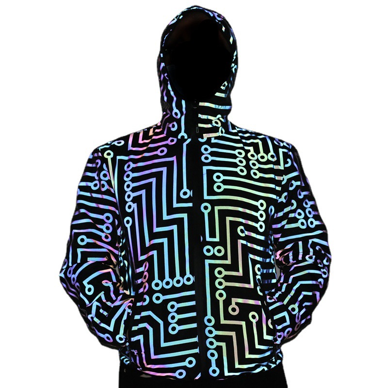Men's Clothing Spring and Autumn New Reflective Jacket Men's Jacket Color Circuit Pattern Laser Night Vision National Trend Hooded Jacket_voghion.com