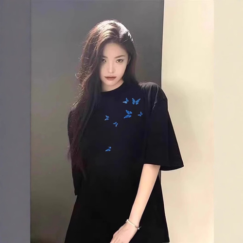2025 Summer New Japanese Style Butterfly Print Women's Short-Sleeve T-Shirt Bestselling Casual Round Neck Loose Long-Sleeve Ins