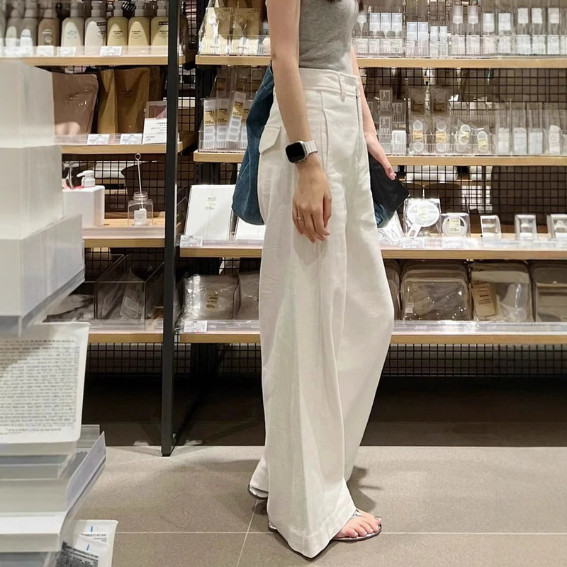 2026 Early Spring New Style Petite White Cotton-Linen Wide-Leg Pants High-Waisted Drapey Slimming Straight Casual Pants Women's Clothing