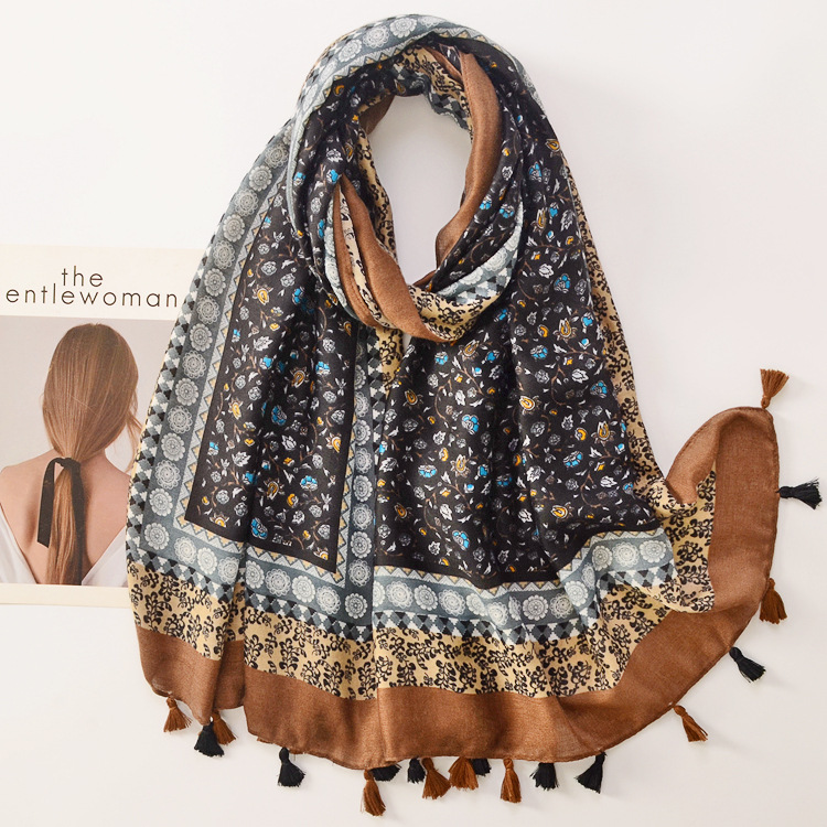 Otoño e invierno nuevo algodón y lino sensación bufanda de seda costura floral largo hecho a mano borla chal viaje protección solar bufanda caliente