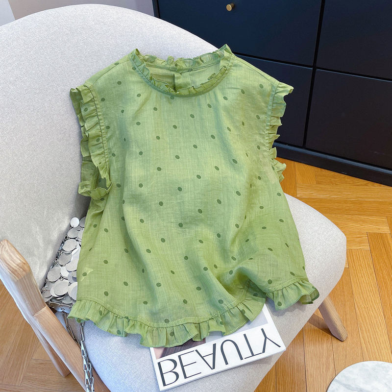 New Korean-Style Ruffled Collar Green Sleeveless Shirt Vest for Women, Summer Slimming and Age-Reducing Heart-Shaped Top A12663