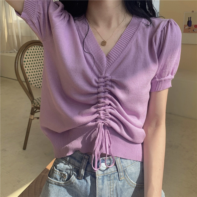 Knitted sweater, T-shirt, drawstring, puff sleeves