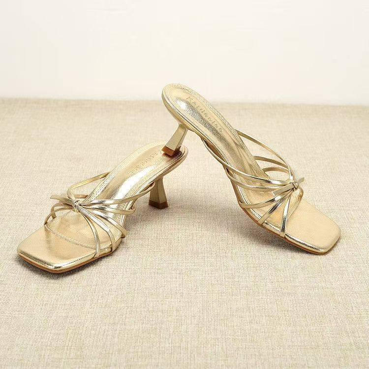 2025 Stiletto Square Toe Sandals, French Style Beautiful High Heels, Summer Vacation Style Roman Thin Strap Gold Sandals for Women