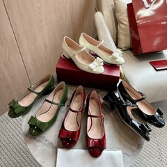 高版25新款漆皮真皮底玛丽珍鞋一字带蝴蝶结酒红色婚鞋粗跟单鞋女