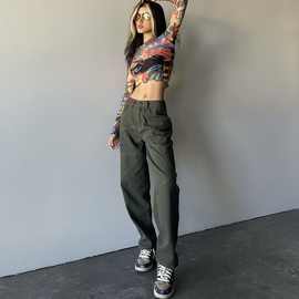 欧美风高街复古橄榄绿炸街直筒牛仔裤女拼接中腰宽松工装锥形裤潮