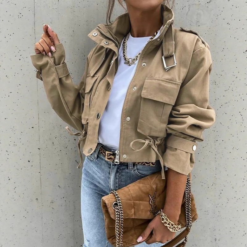 Cross-Border Women's Autumn and Winter New European and American Style Fashionable High-Neck Single-Breasted Zipper Short Casual Long-Sleeved Jacket