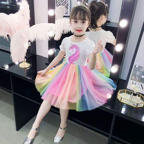Children's clothing summer girls rainbow skirt dress 2024 new medium and large children's princess skirt little girl fashion skirt trendy