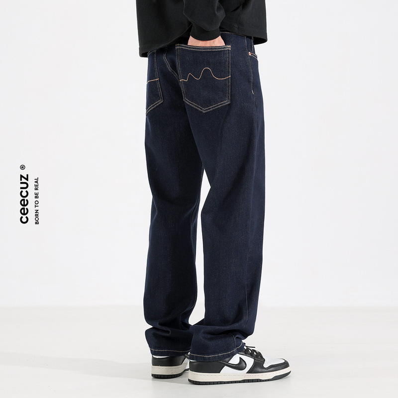 Ceecuz stretch straight jeans men's autumn and winter American retro washed casual primary color Denim long pants