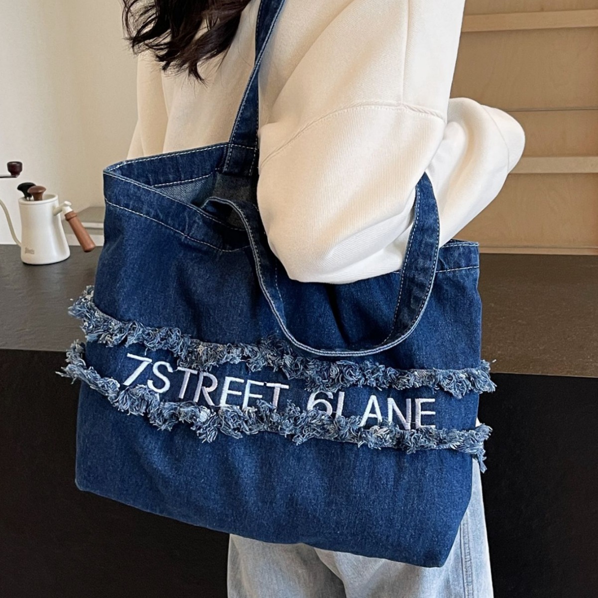 时尚潮流大容量牛仔布包包女慵懒风单肩大包大学生上课通勤托特包