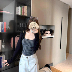 秋季新款小众撞色条纹吊带背心辣妹长袖短款开衫外套两件套女ins