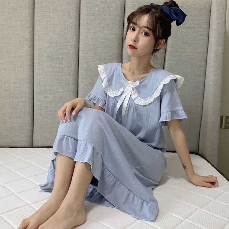 可爱日系甜美ins风长款睡裙女夏季短袖睡衣连衣裙家居服过膝长裙|undefined