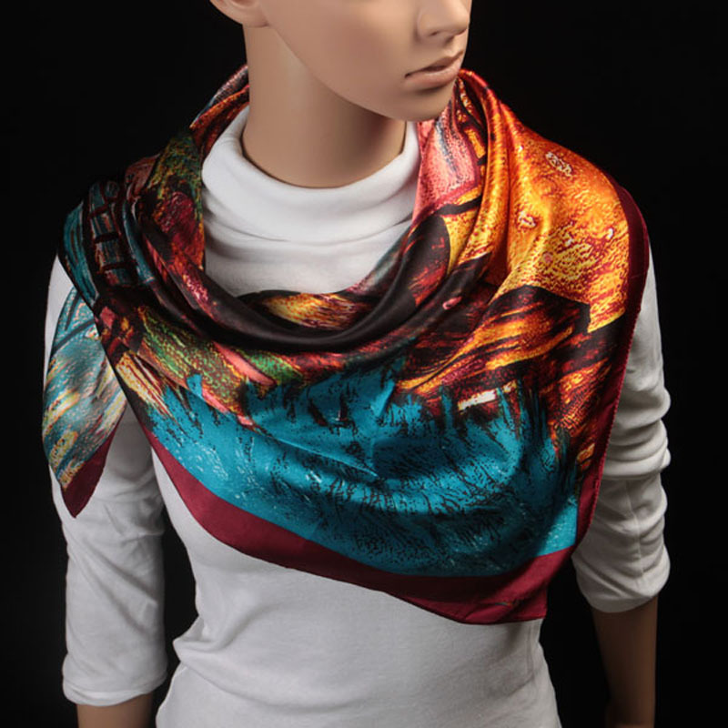 90cm Oil Painting Coffee House Alley Satin Ladies Large Square Scarf Wholesale display picture 2