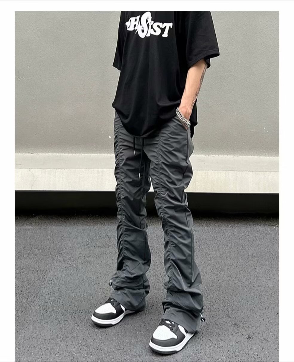 Men's High-Street Vibe Pleated Cargo Pants – Drawstring Waist & Stacked Hem With Slight Flare (S-XXXL, Grey/Black)_voghion.com