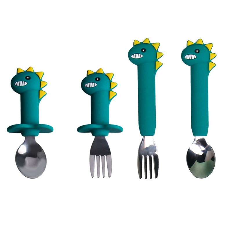 Children's silicone cartoon spoon, dinosaur, tableware, set, wholesale