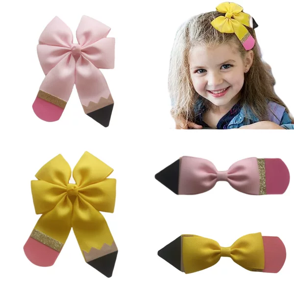 Cross-border pencil flower rib with bow crocodile hairpin European and American hot selling solid color headdress flower back-to-school baby headdress hair