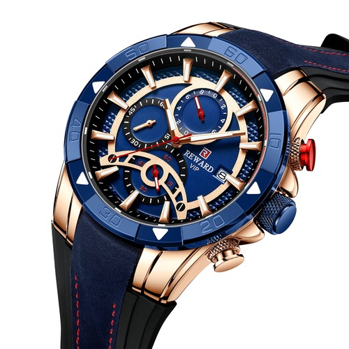 Reward sports watch skin-friendly silicone band contrasting color waterproof luminous chronograph men's watch three eyes six needle men's watch