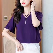 2025夏季新款时尚VB领荷叶短袖小衫宽松型显瘦纯色雪纺衫批发